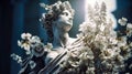 ancient roman antique statue of a beautiful woman, covered with white flowers, romantic, bokeh Royalty Free Stock Photo