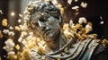 ancient roman antique statue of a handsome man, covered with flowers and gold, romantic, bokeh