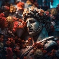 ancient roman antique statue of a handsome man, covered with flowers, romantic, bokeh