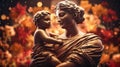 ancient roman antique statue of mother and child, covered with flowers and gold, woman with baby, romantic, bokeh Royalty Free Stock Photo