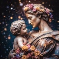 ancient roman antique statue of mother and child, covered with flowers and gold, woman with baby, romantic, bokeh Royalty Free Stock Photo