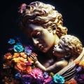 ancient roman antique statue of mother and child, covered with flowers and gold, woman with baby, romantic, bokeh Royalty Free Stock Photo