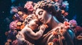 ancient roman antique statue of mother and child, covered with flowers, woman with baby, romantic, bokeh Royalty Free Stock Photo