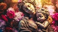 ancient roman antique statue of mother and child, covered with flowers, woman with baby, romantic, bokeh Royalty Free Stock Photo