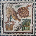 Ancient Roman Art. Fish, seafood, chicken and Vegetables mosaic