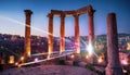 Futuristic illumination of Jerash's ancient Roman columns with vibrant light streaks during twilight in Jordan Royalty Free Stock Photo