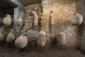 Ancient Roman earthenware vessels amphorae in the subterranean section of amphitheatre Arena in Pula, Croatia
