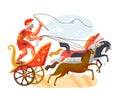 Ancient Roman empire man riding in cart with horses. Rome history and culture vector illustration. Young guy standing