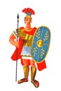 Ancient Roman empire soldier with spear and shield. Rome history and culture vector illustration. Happy young warrior
