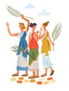 Ancient Roman empire women with leaves. Rome history and culture vector illustration. Young beautiful girls in tunics