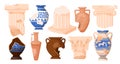 Ancient Roman and Greek columns and amphoras set, broken ceramic vases, temple pillars