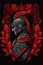 Ancient Roman helmet warrior, red legionary with foliage and Roman ornament, isolated on black, vector illustration Royalty Free Stock Photo