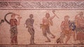 Ancient roman house floor mosaic showing part of the triumph of Dionysus story in kato park paphos cyprus