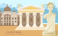 Ancient roman pantheon temple column building in city square, antique culture structures and statue
