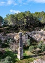 Ancient Roman quarry El MÃÂ¨dol excavated during the period of the Roman Empire, witness column, limestone rock. Tarragona, Spain