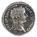 Ancient Roman silver denarius coin of Emperor Tiberius. Obverse