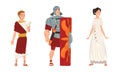 Ancient Roman Soldier or Greek Warrior and Woman in Long Tunic Standing Vector Set Royalty Free Stock Photo