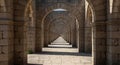 Ancient Roman Stone Arches Corridor Perspective, Sunlit Stone Walkway Royalty Free Stock Photo