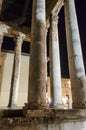 The Ancient Roman Temple of Augustus at Night. A Well Preserved Monument. Close up View of the Columns. Greek Architectural Style