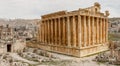 Ancient Roman temple of Bacchus with surrounding ruins and city, Bekaa Valley, Baalbek, Lebanon Royalty Free Stock Photo