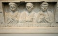 Ancient Roman tomb effigy with Latin inscriptions at the British Museum in London, England