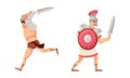 Ancient roman warriors fighting with sword and shield set cartoon vector illustration