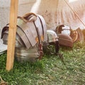 Ancient Roman weapons and armor - helmets and chain mail. Reconstruction of military events during the wars of the Roman Empire