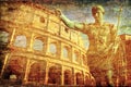 Ancient Romans Signs Background with Imperator Statue Conqueror Colosseum Old Europe Map Royalty Free Stock Photo