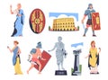 Ancient Rome Citizens in Traditional Clothing with Warrior, Patrician Female and Coliseum Landmark Vector Set