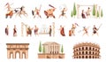 Ancient rome. Fighters with weapons and civilians, architectural monuments, columns and fountain, coliseum and