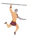 Ancient rome gladiator. Vector roman warrior character in armor with spear and sword. Flat illustration in cartoon style
