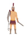 Ancient rome gladiator. Vector roman warrior character in armor with sword. Flat illustration in cartoon style. Militant