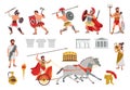 Ancient Rome objects and warriors. Cartoon gladiator characters. Greek soldiers on chariot. People in armors