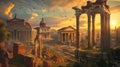 Ancient Rome at sunset, scenery of buildings and ruins in summer. Beautiful sunny panorama of historical city houses, sun and sky Royalty Free Stock Photo