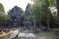 Ancient ruins of Banteay Thom temple in Angkor Wat complex, Cambodia. Japanese styled picnic near abandoned place.