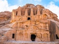 Ancient ruins of the burial complex carved into rocks called Obelisk tomb, in Petra Jordan