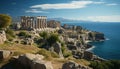 Ancient ruins on cliff, classical Greek architecture, Mediterranean coastline generated by AI Royalty Free Stock Photo