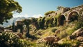 Ancient ruins on cliff, nature masterpiece, a breathtaking sunset generated by AI