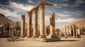 Ancient ruins in desert. Greek or Roman city on Middle Eastern and Mediterranean landscape.