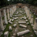 Ancient ruins featuring a series of stone columns, both standing and collapsed, Royalty Free Stock Photo