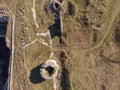 Ancient Ruins Of Fortress Tower Aerial View. Old Archeology Building In Europe