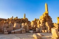 Ancient ruins Karnak Temple with obelisk of Pharaoh Thutmosis I and obelisk of Pharaoh Hatshepsut