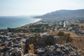 The ancient ruins are located on the Lardos hill on the Mediterranean coast, Rhodes Island, Greece Royalty Free Stock Photo
