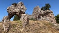 Ancient ruins of the Mediterranean city. Remains of the stone foundation of the building