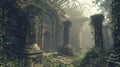 Ancient ruins with overgrown foliage. Mysterious temple in jungle setting. Fantasy or historical concept art for design and poster Royalty Free Stock Photo