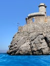 ancient ruins Pirate tower with beautiful view, introductory tour to Torre Picada near Port de SÃÂ³ller, mediterranean sea, clear Royalty Free Stock Photo