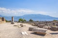 Panoramic view of the ancient city, the ruined ancient columns and the volcano Vesuvius, Pompeii Scavi di Pompei, Naples, Italy.