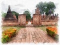 Ancient Ruins in Sukhothai World Heritage Site watercolor style illustration impressionist painting