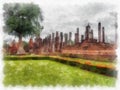 Ancient Ruins in Sukhothai World Heritage Site watercolor style illustration impressionist painting Royalty Free Stock Photo