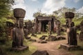 ancient ruins with towering stone statues and hidden treasures